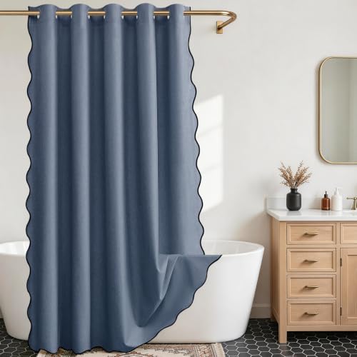 Furlinic Linen Shower Curtain Long No Hook Scalloped Navy Fabric 72x84 Inch