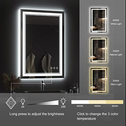 LED Mirror for Bathroom, 24x36 Inch Gradient Front and Backlight LED Bathroom Mirror, 3 Colors Dimmable CRI>90 Double Lights, Enhanced Anti-Fog, Hanging Plates Wall Mount Lighted Mirror