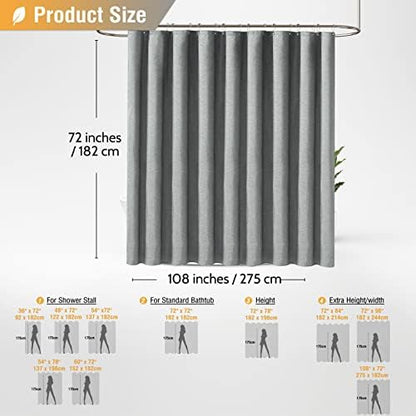 BTTN 108x72 Linen Textured Waterproof Cloth Shower Curtain Set, Grey/Gray