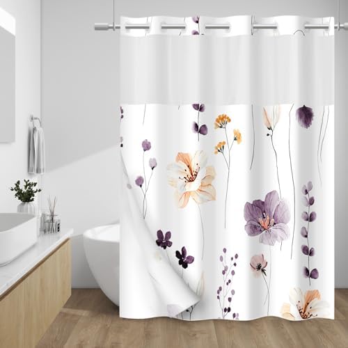 WITHLOC No Hook Floral Shower Curtain with Liner, Plum Flower, 71x74