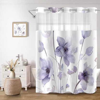 No Hook Shower Curtain and Liner Set, Purple Boho Floral 71x84