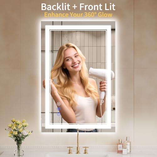 24X36 LED Bathroom Mirror with Lights, Anti-Fog, Backlit + Front Lit, Dimmable, Led Vanity Mirror for Wall, Lighted Bathroom Mirror, 3 Colors, Shatter-Proof Tempered Glass