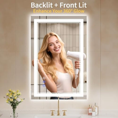 24X36 LED Bathroom Mirror with Lights, Anti-Fog, Backlit + Front Lit, Dimmable, Led Vanity Mirror for Wall, Lighted Bathroom Mirror, 3 Colors, Shatter-Proof Tempered Glass
