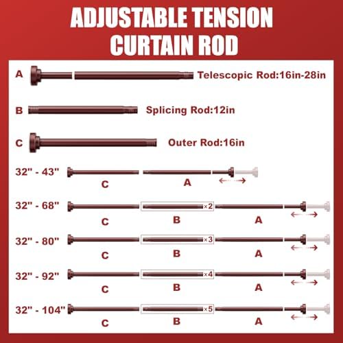 Ausemku Shower Curtain Rod - 32-92 Inch Rustproof Tension Rod, Non-Slip Spring Design, No Drilling Adjustable Curtain Rod for Bathroom, Kitchen, and Closet（Brown）