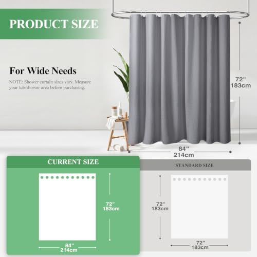 Dynamene Extra Wide Waffle Shower Curtain 256 GSM Fabric 84x72 Grey/Gray