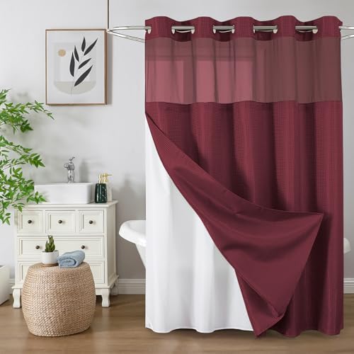 Colorful Star Waffle Weave No Hook Shower Curtain, 72 x 75 Inch, Burgundy