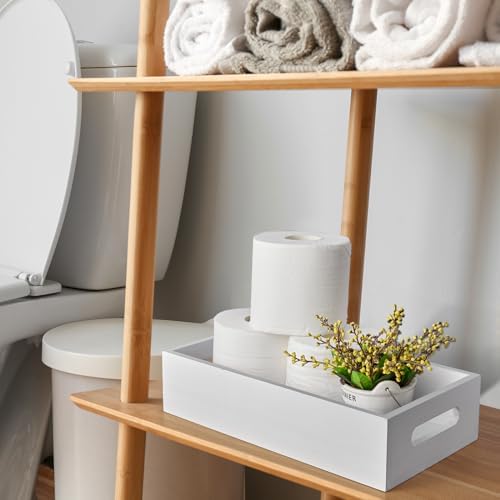 ALELION White Bathroom Basket - Wooden Toilet Tank Paper Basket with Handle for Organizing - Back of Toilet Storage Organizer for Bathroom Tank Topper Counter - White Bathroom Decor Box