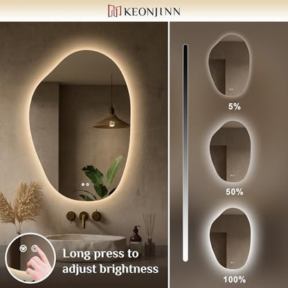 Keonjinn 24 x 36 Inch Irregular Bathroom Mirror with Lights, Tempered Glass