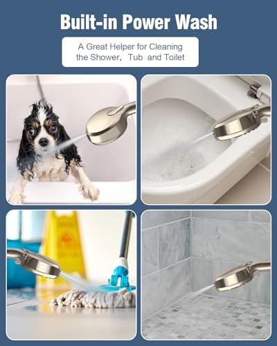 Filtered Shower Head with Handheld Brushed Nickel, BOWGER 6 Modes High Pressure Shower Heads with Power Wash Mode and Hard Water Filter, Detachable Hand Held Showerhead Set with Extra Long Hose