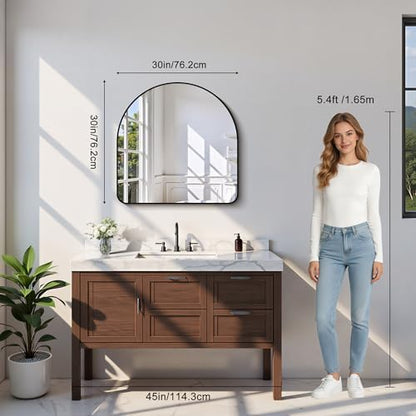 Arched Bathroom Mirror, 30"x30" Black Arched Mirror for Bathroom, Wall Mounted Mirror, Vanity Wall Mirror Metal Frame for Bedroom, Entryway, Living Room, Vertically Hanging