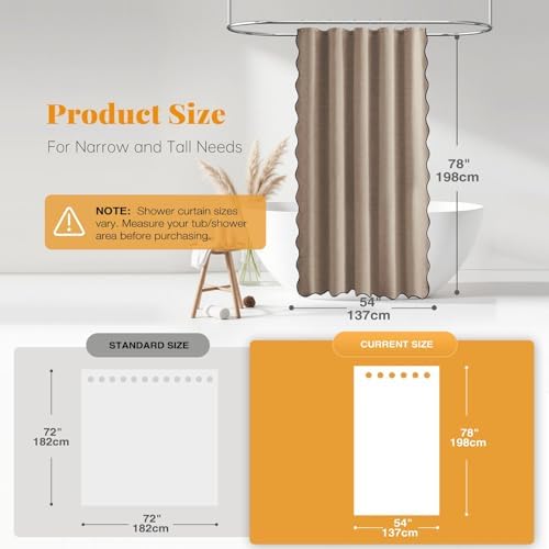 BTTN 54x78 Boho Scalloped Linen Textured Cloth Shower Curtain, Tan/Taupe