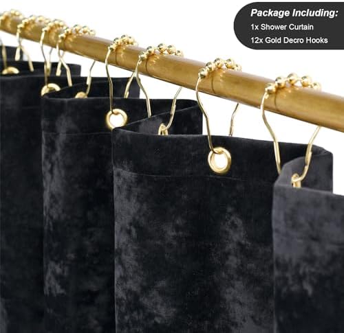 TAMGHO Black Shower Curtain for Bathroom, Luxury Crushed Velvet Shower Curtain Black, Dark Shower Curtain Set with Gold Decro Metal Hooks, Machine Washable Thick Fabric, 72 x 72 inches