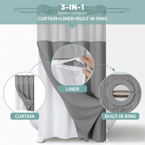 eachope No Hook Waffle Shower Curtain with Snap-in Liner, 54x80 Inch, Grey