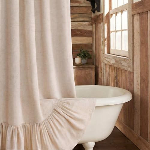 Farmhouse Shower Curtain Ruffle Linen Beige 60" W x 72" L