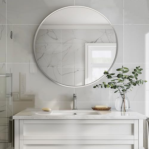 Sunniry Large Round Mirror,30 inch Circle Mirror,Brushed Silver Metal Frame