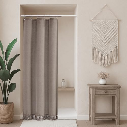 Linen Shower Curtain Boho Taupe Shower Curtain with Tassels 36"W x 72"L