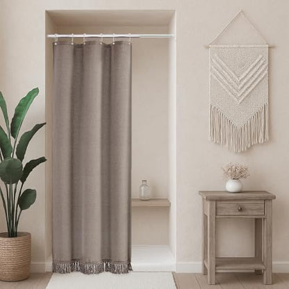 Linen Shower Curtain Boho Taupe Shower Curtain with Tassels 36"W x 72"L
