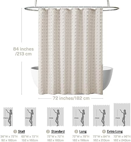 Extra Long Boho Farmhouse Shower Curtain Woven Fabric Beige 84 Inch Shower Curtain, 72 x 84 Tufted Pleat Floral Puffs Textured Modern Farmhouse Minimalist Shower Curtains with Hooks for Bathroom