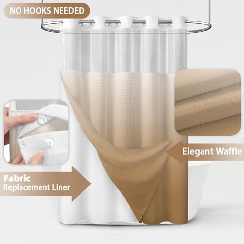 No Hook Shower Curtain with Liner Set Hotel Waffle Ombre Beige 72W X 75L
