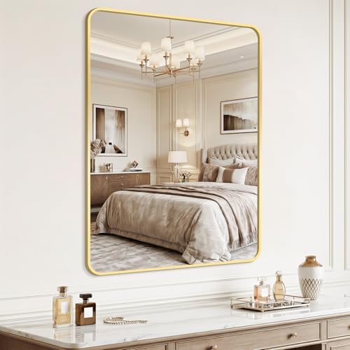 Bathroom Mirror for Wall, 30"x40" Black Bathroom Mirror for Over Sink, Shatterproof Tempered Glass Vanity Mirror with Anti-Rust Aluminum Alloy Frame, Hang Horizontally or Vertically, Gold