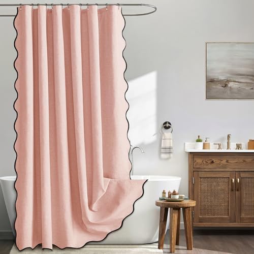 MIULEE Blush Pink Scalloped Linen Shower Curtain 72x72 Inches