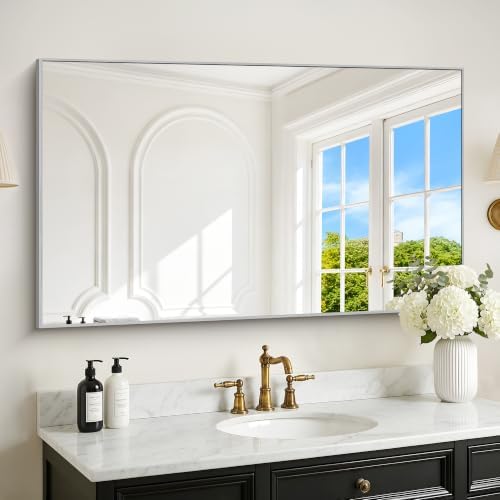 DESBING 30" x 48" Bathroom Mirror, Silver Metal Frame Wall Mirror