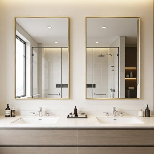 Bathroom Mirror for Wall, 36x24 Inch Framed Vanity Mirror Brushed Gold