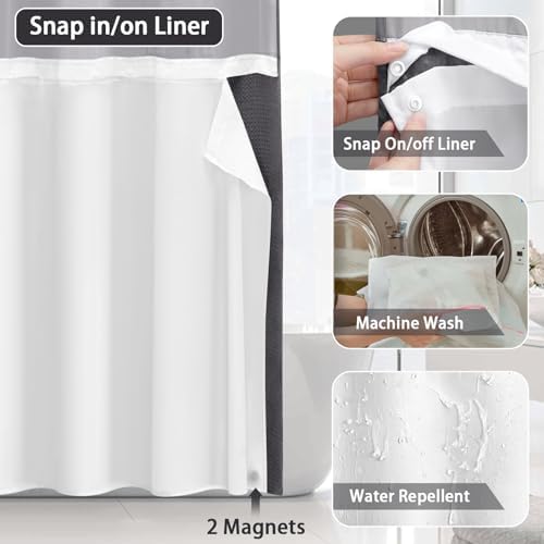No Hook Shower Curtain with Liner Set Hotel Waffle Dark Grey 72W X 81L