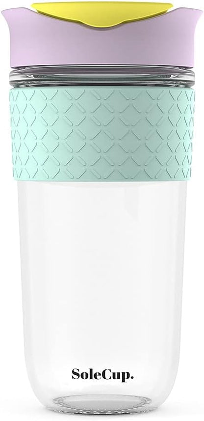 Large Travel Mug - Reusable Glass Coffee Mug - 18oz/530ml BPA-Free Hot Drink Travel Mug with Lid & Silicone Band (Ice Cream, 18oz)