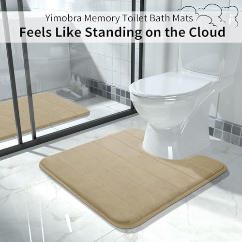 Yimobra Memory Foam Toilet Bath Mat U-Shaped, Soft and Comfortable, Super Water Absorbent, Non-Slip, Machine Wash and Easy to Dry for Bathroom Commode Contour Rug, 24 X 24 Inches, Light Tan