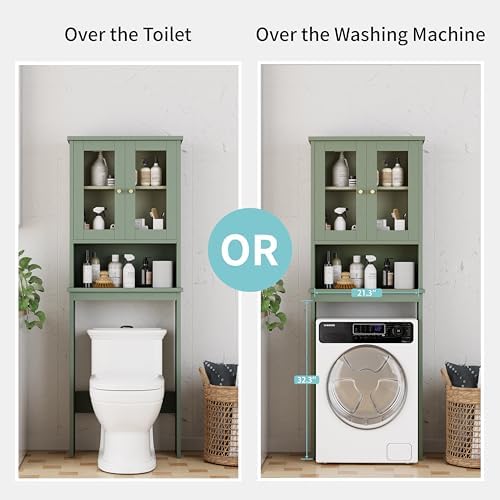 Shintenchi Over the Toilet Storage Cabinet, Bathroom Shelf Organizer with Anti-Tip Device Small Freestanding Space Saver with Adjustable Shelf and Glass Door, Green