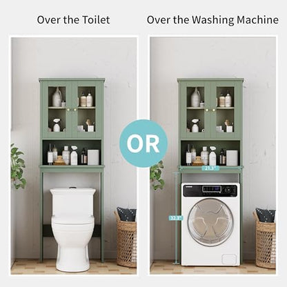 Shintenchi Over the Toilet Storage Cabinet, Bathroom Shelf Organizer with Anti-Tip Device Small Freestanding Space Saver with Adjustable Shelf and Glass Door, Green