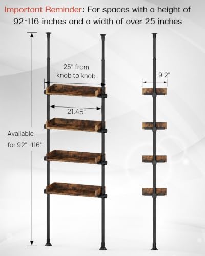 ALLZONE Bathroom Organizer, Over The Toilet Storage, 4-Tier Adjustable Wood Shelves for Small Rooms, Saver Space Rack, 92 to 116 Inch Tall, Narrow Cabinet, Rustic Brown