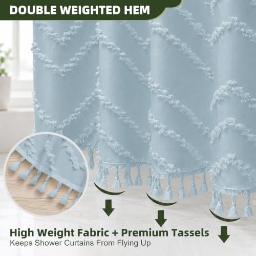 Siiluminisoy Boho Fog Blue Shower Curtain Woven Fabric Cute Shower Curtain, 72 x 72 Tufted Chevron Textured Striped Modern Farmhouse Minimalist for Bathroom