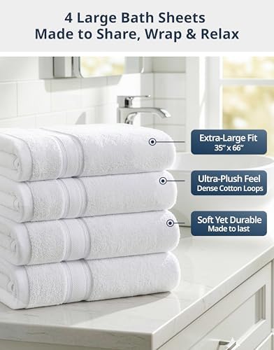 LANE LINEN Bath Sheets 100% Cotton 4 Pack Oversized Soft - White