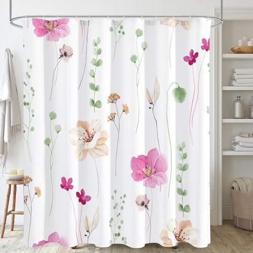 Gibelle Pink Green Beige Watercolor Floral Fabric Shower Curtain, 72x72