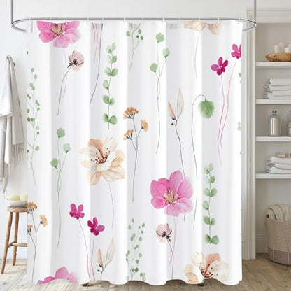 Gibelle Pink Green Beige Watercolor Floral Fabric Shower Curtain, 72x72
