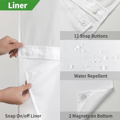 eachope No Hook Linen Texture Shower Curtain with Snap-in Liner,48x74 White