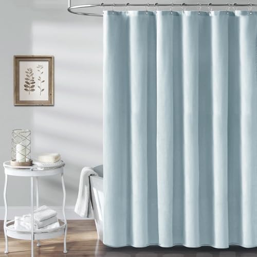 BTTN 60x72 Linen Textured Waterproof Fabric Shower Curtain Set, Fog Blue