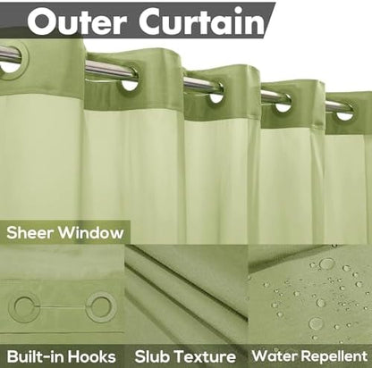 River Dream No Hook Shower Curtain with Snap-in Liner Set, Sage, 71x74