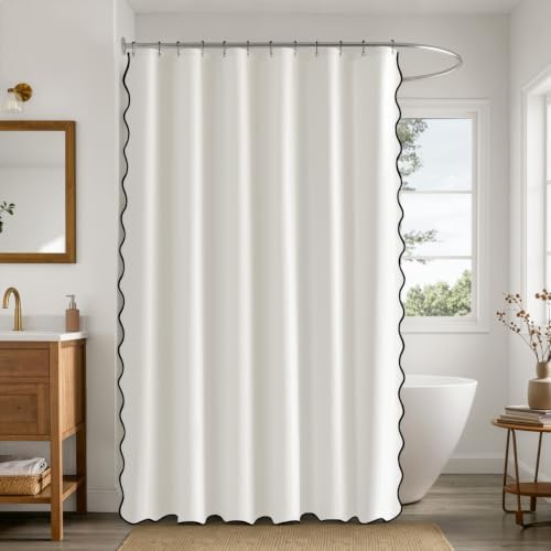 ANRODUO White Scalloped Linen Textured Shower Curtain, W72 x L90