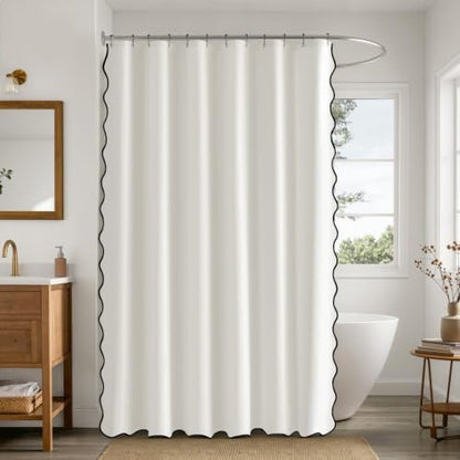 ANRODUO White Scalloped Linen Textured Shower Curtain, W72 x L90