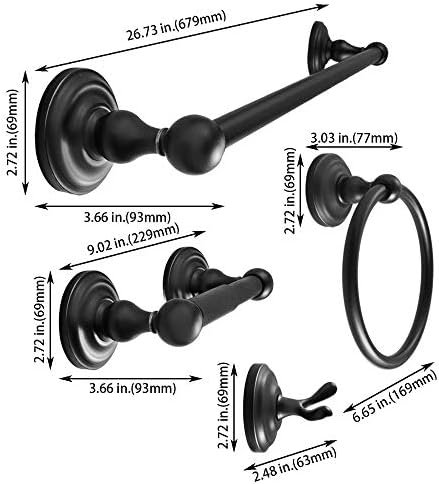 SENTO ROBIKI Black Bathroom Accessories Set, Bath Hardware, Includes Robe Hook, Toilet Paper Holder, Towel Ring, 18” & 24” Towel Bar, Duty Metal Bath Hardware Set Wall Mounted (4-Piece, Matte Black)