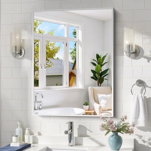 COFENY Silver Bathroom Mirror for Wall, 24x32 Inch Rectangle with Metal Frame, Modern Vanity for Bathroom Living Room, Entryway Hangs Horizontal or Vertical