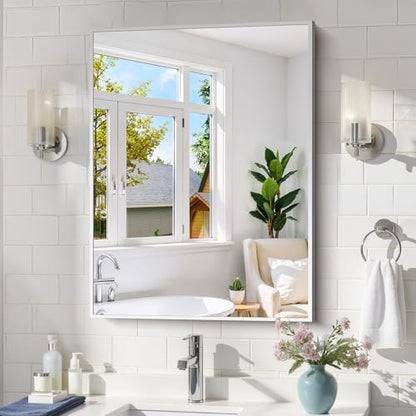 COFENY Silver Bathroom Mirror for Wall, 24x32 Inch Rectangle with Metal Frame, Modern Vanity for Bathroom Living Room, Entryway Hangs Horizontal or Vertical