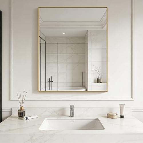 Bathroom Mirror for Wall, 40x30 Inch Framed Vanity Mirror Brushed Gold
