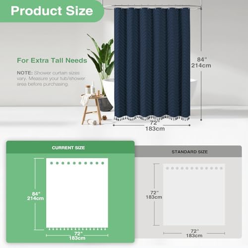 Dynamene Extra Long Boho Shower Curtain Tufted Chevron 72"x84" Navy Blue