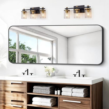 BONEWEI 24x60 inch Bathroom Mirror,Black Rectangle Mirror,Wall Mounted Bathroom Frame Vanity Mirror with Round Corner for Bedroom Living Room,Entryway Hangs Horizontal or Vertical