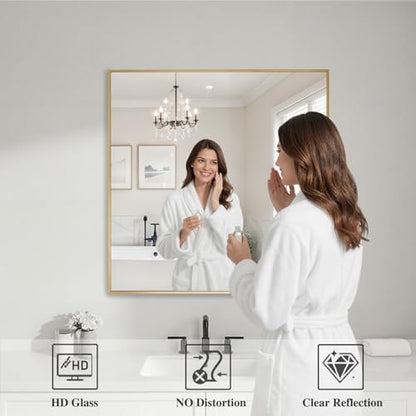 Koonmi Gold Mirrors for Wall, 30x30 Inch Bathroom Mirror, Rectangular Wall Mirror for Living Room Bedroom Bathroom, Hangs Horizontally or Vertically