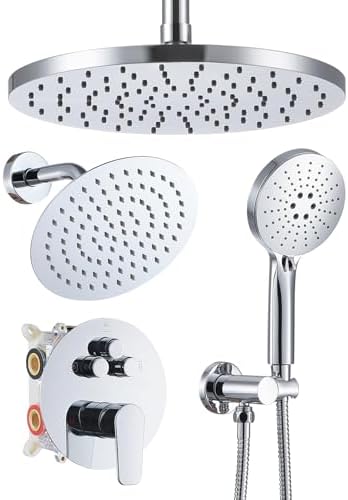 Woindo Shower Faucet Set 10" Rain Shower Head/8'' Side Shower Head and 3 Setting Handheld Ceiling Mount 3 Push Button Diverter Complete Rainfall Round Shower System Included Valve Trim Kit